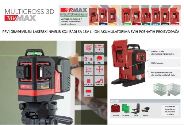 FUTECH laserski nivelir križni MULTICROSS 3D (zeleni,2x70m,18V) 036.3DG
