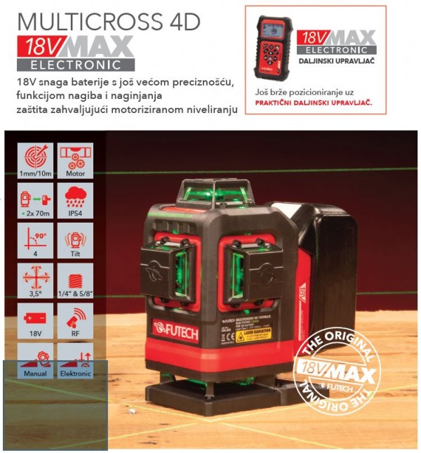 FUTECH laserski nivelir križni MULTICROSS 4D (zeleni, 2x70m,18V) 036.4DE