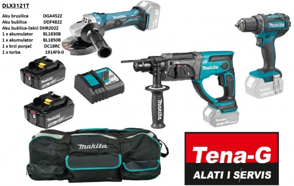 MAKITA akumulatorski set DLX3121T DGA452,DDF482Z,DHR202,BL1830+1850+1914F9  MP26