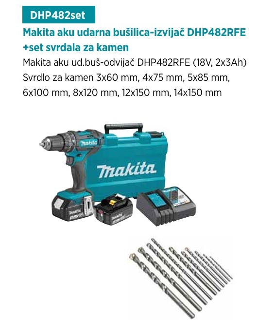 MAKITA akumulatorska udarna bušilica-izvijač DHP482RFE+set svrdala za kamen MP26
