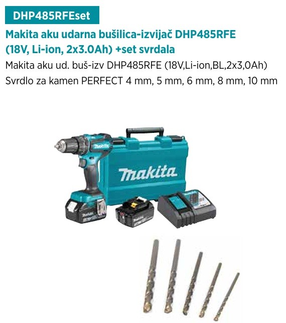 MAKITA akumulatorska udarna bušilica-odvijač  DHP485RFE + set svrd MP26