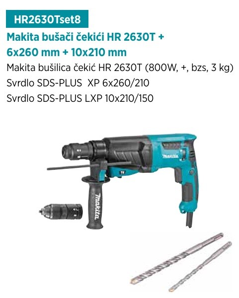MAKITA bušači čekić  HR 2630T + 6x260mm + 10x210mm MP26