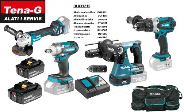 MAKITA akumulatorski set DGA513,DDF458,DHR243,DTW301+BL1850+BL1860+DC18RC+1914F9-0 DLX3121S  MP26