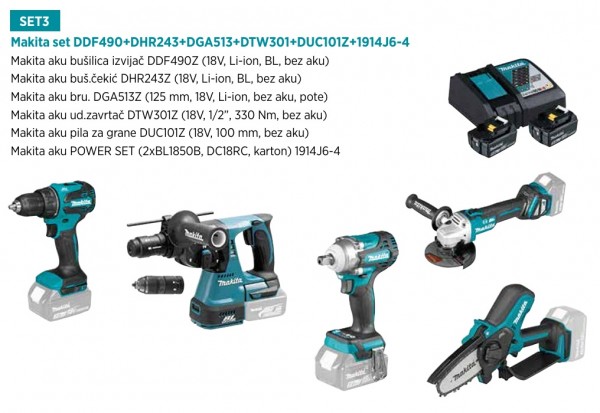 MAKITA akumulatorski set DDF490+DHR243+DGA513+DTW301+DUC101Z+1914J6-4 MP26